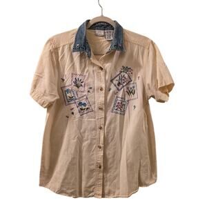 Vtg 90s Floral Embroidered Short Sleeve Denim Collar Shirt Sz S Boho Cottagecore